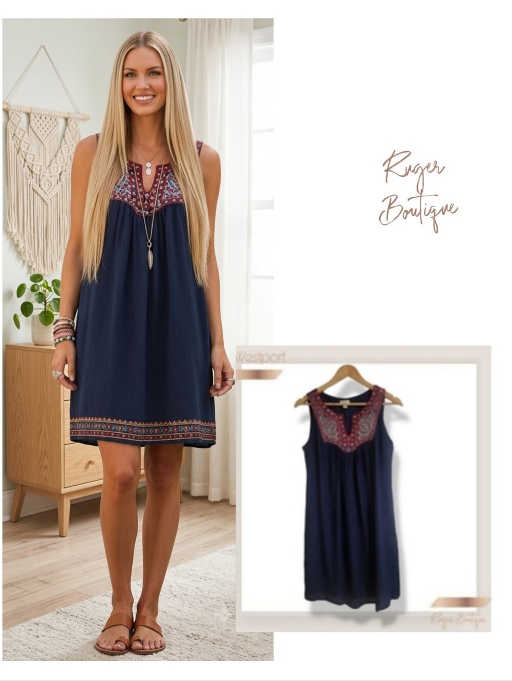 🌿​Westport Petites Womens Small Embroidered Sleeveless Lined Boho Dress🌻